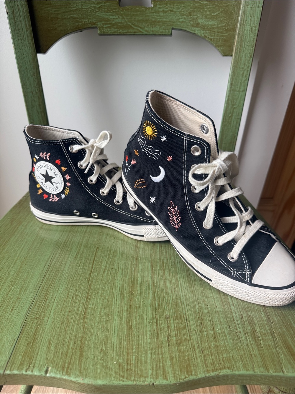 Converse Black High-Top Sneakers with Sun, Moon & Floral Embroidery